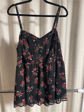 Torrid Black Floral Spaghetti Strap Babydoll Top with Red Roses